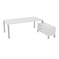 Bureau Rio avec meuble retour porteur à droite simple accès L. 218 cm x P. 188 cm mélamine blanc neige plateau L. 200 cm x P. 100 cm percé pour obturateur mélamine blanc neige piètement arche métal lisse gris a