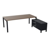 Bureau Rio avec meuble retour porteur à droite simple accès L. 218 cm x P. 188 cm mélamine Noir plateau L. 200 cm x P. 100 cm percé pour obturateur mélamine noyer brun piètement arche métal structuré noir