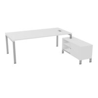 Bureau Rio avec meuble retour porteur à droite simple accès L. 218 cm x P. 188 cm mélamine blanc neige plateau L. 200 cm x P. 100 cm percé pour trappe latérale mélamine blanc neige + goulotte piètement arche mé