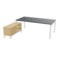 Bureau Rio avec meuble retour porteur à gauche simple accès L. 218 cm x P. 188 cm mélamine Chêne naturel plateau L. 200 cm x P. 100 cm percé pour trappe latérale mélamine Noir piètement arche métal structuré bl