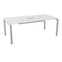Table de réunion Rop L. 200 cm x P. 100 cm mélamine blanc neige percé pour trappe centrale double accès + goulotte piètements métal lisse gris aluminium
