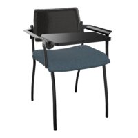 Chaise Inventiv 4 pieds finition métal lisse noir dossier résille noire avec contre-coque noire - assise revêtement tissu Bondaï  gris orage - équipée d'accotoirs standard et d'1 tablette écritoire à droite