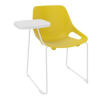 Chaise Rosalie piétement traineau sans placet - Pied métal chromé - Assise polypropylène jaune - avec accoudoirs et tablette ecritoire a droite