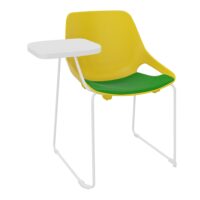 Chaise Rosalie piétement traineau avec placet tissu Step bambou - Pied métal chromé - Assise polypropylène jaune - avec accoudoirs et tablette ecritoire a droite