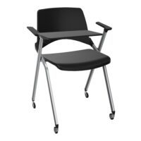 Chaise Emi dossier assise polypropylène noir fixe avec accoudoirs tablette à droite 4 pieds sur roulettes métal chromé