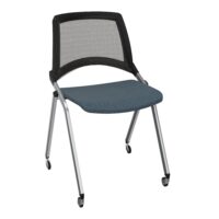 Chaise Emi dossier résille noire assise tissu Bondaï gris orage fixe sans accoudoirs sans accroches 4 pieds sur roulettes métal chromé