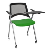 Chaise Emi dossier résille noire assise tissu Step bambou pivot avec accoudoirs tablette à gauche 4 pieds sur roulettes métal chromé