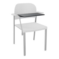 Chaise Romy assise et dossier polypropylène blanc avec accoudoirs et tablette noire sur 4 pieds fixe métal gris aluminium