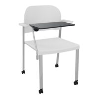 Chaise Romy assise et dossier polypropylène blanc avec accoudoirs et tablette noire sur 4 pieds roulettes métal gris aluminium