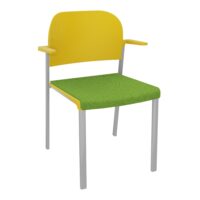 Chaise Romy assise tissu CHILI Vert olive chiné et dossier polypropylène jaune avec accoudoirs sur 4 pieds fixe métal gris aluminium