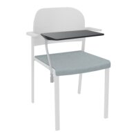 Chaise Romy assise tissu Bondaï gris nuage et dossier polypropylène blanc avec accoudoirs et tablette noire sur 4 pieds fixe métal blanc