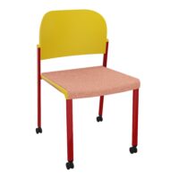 Chaise Romy assise tissu CHILI Saumon chiné et dossier polypropylène jaune sans accoudoirs sur 4 pieds roulettes métal rouge