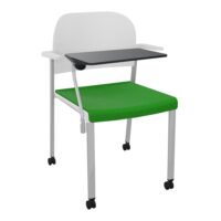 Chaise Romy assise tissu Step bambou et dossier polypropylène blanc avec accoudoirs et tablette noire sur 4 pieds roulettes métal gris aluminium