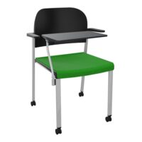 Chaise Romy assise tissu Step bambou et dossier polypropylène noir avec accoudoirs et tablette noire sur 4 pieds roulettes métal gris aluminium