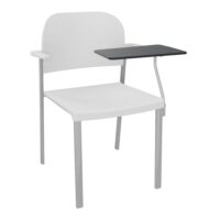 Chaise Romy assise et dossier polypropylène blanc avec accoudoirs et tablette noire à gauche sur 4 pieds fixes métal gris aluminium