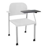 Chaise Romy assise et dossier polypropylène blanc avec accoudoirs et tablette noire à gauche sur 4 pieds roulettes métal gris aluminium