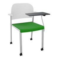 Chaise Romy assise tissu Step bambou  et dossier polypropylène blanc avec accoudoirs et tablette noire à gauche sur 4 pieds roulettes métal gris aluminium