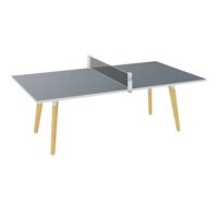 Table de réunion détente PING L. 215 cm x P. 120 cm x H. 73 cm épaisseur 19mm plateau mélamine bleu poseidon pieds métal structuré blanc et bois + kit 1 filet + 2 raquettes +2 balles