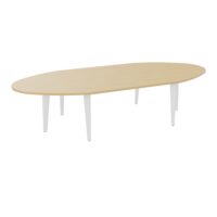 Table ovale Modulo 10 personnes L. 320 cm x P. 140 cm mélamine Chêne naturel epaisseur 30mm 2 plateaux droits L. 140 cm + 2 plateaux ellipses prépercés 6 obturateurs 6 pieds métal lisse blanc