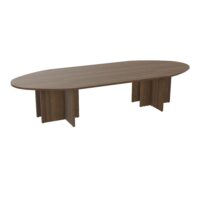 Table ovale Modulo 12 personnes L. 360 cm x P. 140 cm mélamine noyer brun epaisseur 30mm 2 plateaux droits L. 180 cm + 2 plateaux ellipses prépercés 6 obturateurs 6 pieds panneaux mélamine noyer brun