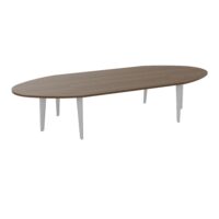 Table ovale Modulo 12 personnes L. 360 cm x P. 140 cm mélamine noyer brun epaisseur 30mm 2 plateaux droits L. 180 cm + 2 plateaux ellipses prépercés 6 obturateurs 6 pieds métal lisse gris aluminium