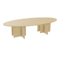 Table elliptique Modulo 10 personnes L. 320 cm x P. 156 cm mélamine Chêne naturel épaisseur 30mm 2 plateaux courbés symétriques L. 140 cm + 2 plateaux éllipses prépercés 6 obturateurs 4 pieds panneaux mélamine