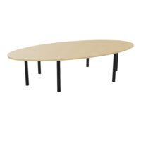 Table elliptique Modulo 10 personnes L. 320 cm x P. 156 cm mélamine Chêne naturel épaisseur 30mm 2 plateaux courbés symétriques L. 140 cm + 2 plateaux éllipses prépercés 6 obturateurs 6 pieds Ø70 métal lisse no