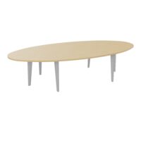 Table elliptique Modulo 10 personnes L. 320 cm x P. 156 cm mélamine Chêne naturel épaisseur 30mm 2 plateaux courbés symétriques L. 140 cm + 2 plateaux éllipses prépercés 6 obturateurs 6 pieds métal lisse gris a
