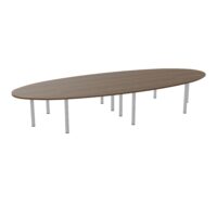 Table elliptique Modulo 14 personnes L. 460 cm x P. 170 cm mélamine noyer brun épaisseur 30mm 4 plateaux courbés symétriques L. 140 cm (2 gauches/2 droites) + 2 plateaux éllipses prépercés 10 obturateurs 10 pie