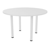 Table de réunion individuelle ronde Ø 120 cm ép. 25 mm mélamine blanc neige sur 4 pieds tube ronds Ø 60 mm métal lisse blanc fixes