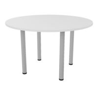 Table Eloise ronde D. 120 x H. 73,5 cm stratifié blanc ép25mm sur 4 pieds tube métal lisse gris aluminium