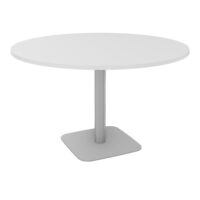 Table ronde Eloise D. 120 cm x H. 73,5 cm stratifié blanc épaisseur 23,6 mm pied central métal lisse gris aluminium