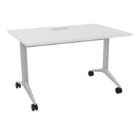 Table abattante Pure L. 120 cm x P. 80 cm découpe trappe mélamine blanc neige piètement métal lisse gris aluminium + goulotte