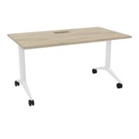 Table abattante Pure L. 140 cm x P. 80 cm découpe trappe mélamine chêne Brunswick piètement métal lisse blanc + goulotte