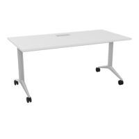 Table abattante Pure L. 160 cm x P. 80 cm découpe trappe mélamine blanc neige piètement métal lisse gris aluminium + goulotte