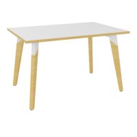 Table Evasion L. 120 x P. 80 x H. 73,5 cm - plateau stratifié blanc ép. 25 mm - 4 pieds en hêtre naturel vernis massif surmontés d'une structure métal structuré blanc