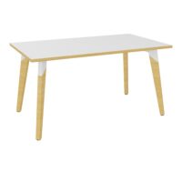 Table Evasion L. 140 x P. 80 x H. 73,5 cm - plateau stratifié blanc ép. 25 mm - 4 pieds en hêtre naturel vernis massif surmontés d'une structure métal structuré blanc