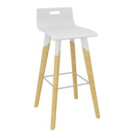 Tabouret Evasion avec poignée de préhension - assise et dossier en hêtre multipli blanc - piètement en hêtre naturel vernis massif haut métal structuré blanc et repose-pieds zingué