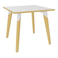 Table Evasion L. 80 x P. 80 x H. 73,5 cm - plateau stratifié stratifié blanc ép. 25 mm - piètement en hêtre naturel vernis massif surmonté d'une structure métallique finition métal structuré blanc