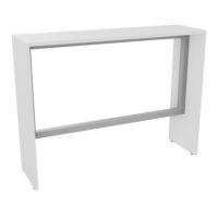Table haute Elisa L.140 cm x P. 40 cm x H. 105 cm plateau mélamine blanc neige épaisseur 25mm pré-percé 2 obturateurs pieds mélamine blanc neige cadre métal lisse gris aluminium repose pieds 50 cm x 50 cm