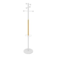 Porte-manteau AURA H. 178 cm base ø 34 cm structure en acier métal lisse blanc/hêtre 6 patères avec embouts en plastique ABS + porte-parapluies (6 emplacement) et égouttoir intégrés