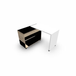 Bureau Compact Homere mobile corps mélamine chêne Brunswick plateau pivotant mélamine blanc neige épaisseur 25mm sur 6 roulettes