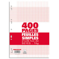 Sachet de 400 pages copies simples grand format A4 grands carreaux Séyès 70g perforées