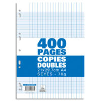 Sachet de 400 pages copies doubles grand format A4 grands carreaux Séyès 70g perforées