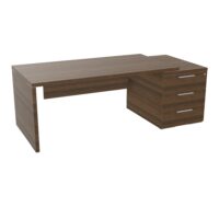 Table rectangulaire Kara sur caisson porteur 3 tiroirs L. 210 cm x 90. cm mélamine noyer brun piètement panneau mélamine noyer brun + voile de fond