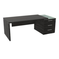 Table rectangulaire Kara sur caisson porteur 3 tiroirs L. 210 cm x 90. cm mélamine chêne café top verre émaillé blanc piètement panneau mélamine chêne café + voile de fond