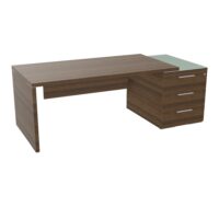 Table rectangulaire Kara sur caisson porteur 3 tiroirs L. 210 cm x 90. cm mélamine noyer brun top verre émaillé blanc piètement panneau mélamine noyer brun + voile de fond