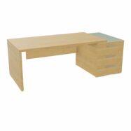 Table rectangulaire Kara sur caisson porteur 3 tiroirs L. 210 cm x 90. cm mélamine noyer brun top verre émaillé blanc piètement panneau mélamine noyer brun + voile de fond