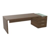 Table rectangulaire Kara sur caisson porteur 3 tiroirs L. 240 cm x 90. cm mélamine noyer brun top verre émaillé blanc piètement panneau mélamine noyer brun + voile de fond