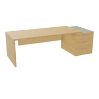 Table rectangulaire Kara sur caisson porteur 3 tiroirs L. 240 cm x 90. cm mélamine chêne clair top verre émaillé blanc piètement panneau mélamine chêne clair + voile de fond